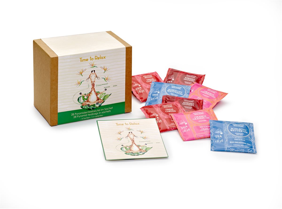 Geschenkset "Time to Relax" 28 Pyramidenbeutel im Sachet (4 Sorten á 7 Sachet)